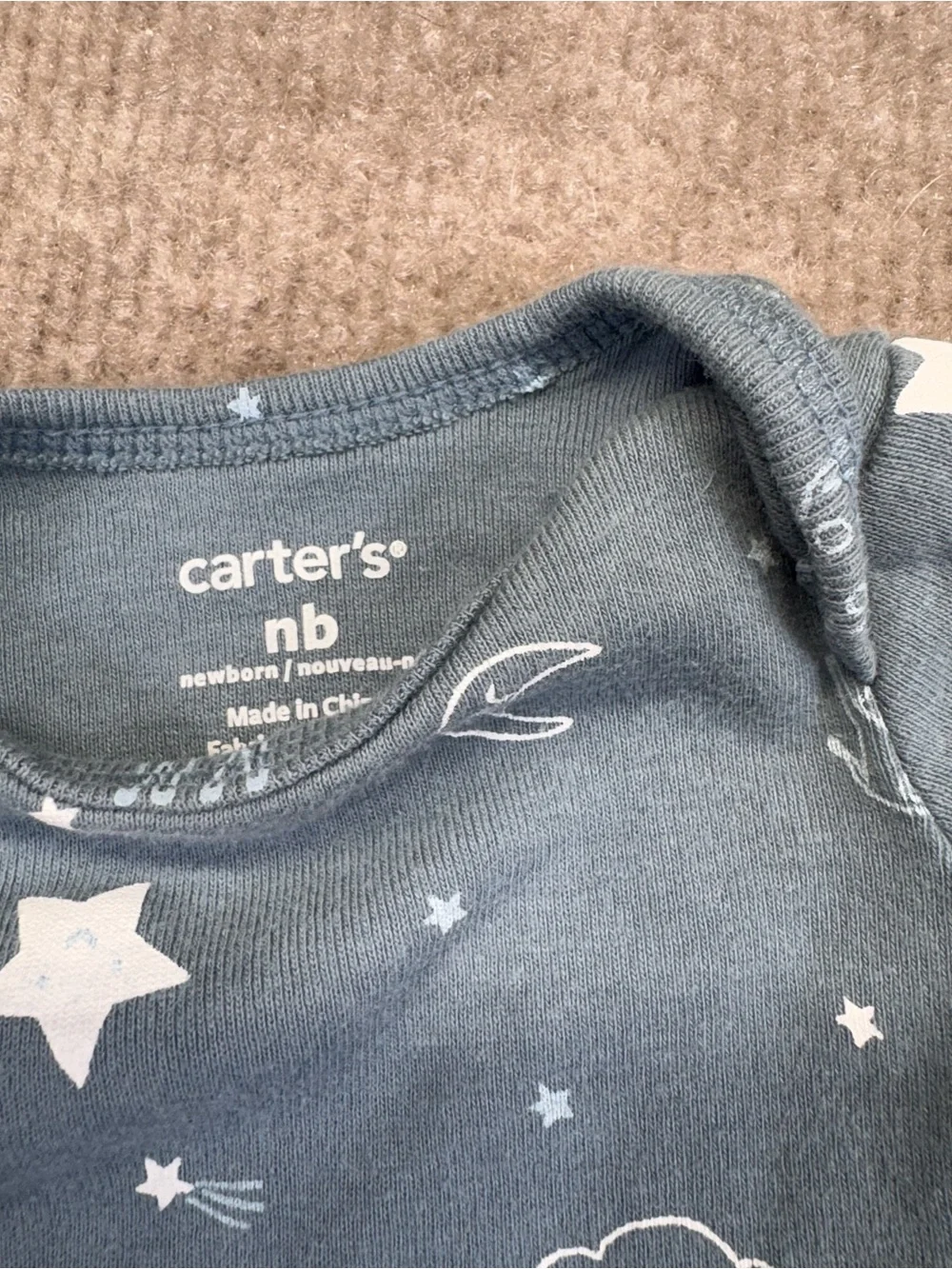 Newborn lot White oneis with frogs, blue/gray with clouds and ribbed gray/white.